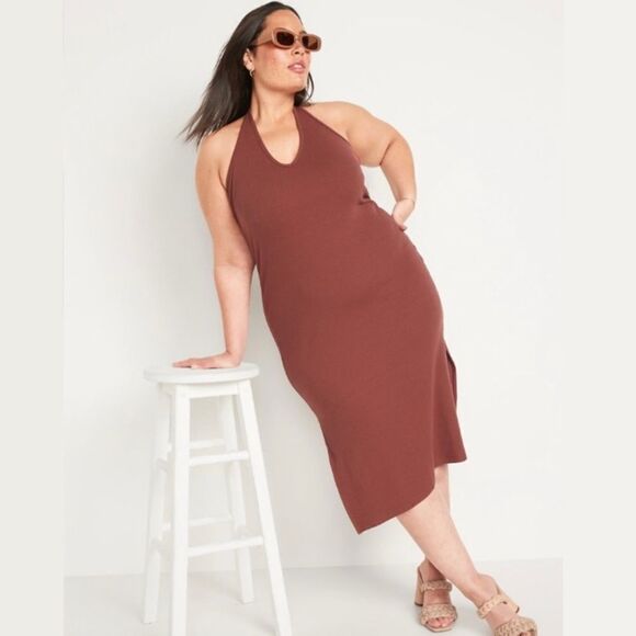 Old Navy Women's Root Beer Fitted Sleeveless Halter Rib-Knit Midi Dress - NWT 4X - Picture 1 of 11